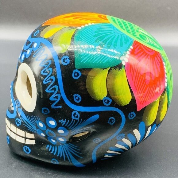 Mexican Folk Art Pottery Hand Painted Colorful Sugar Skull 2.5”T 4”W - Picture 5 of 6